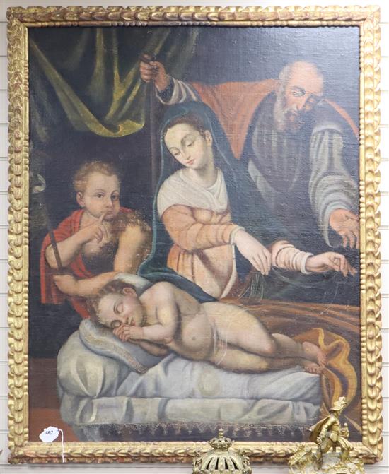 19th century Cusco School, oil on canvas laid on board, Holy family, 120 x 96cm